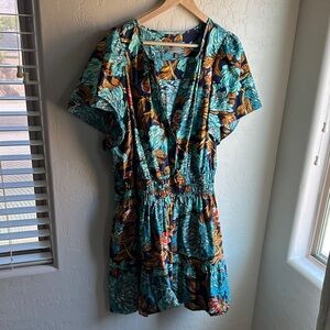 Anthropologie Teal and Brown Floral Mini Dress